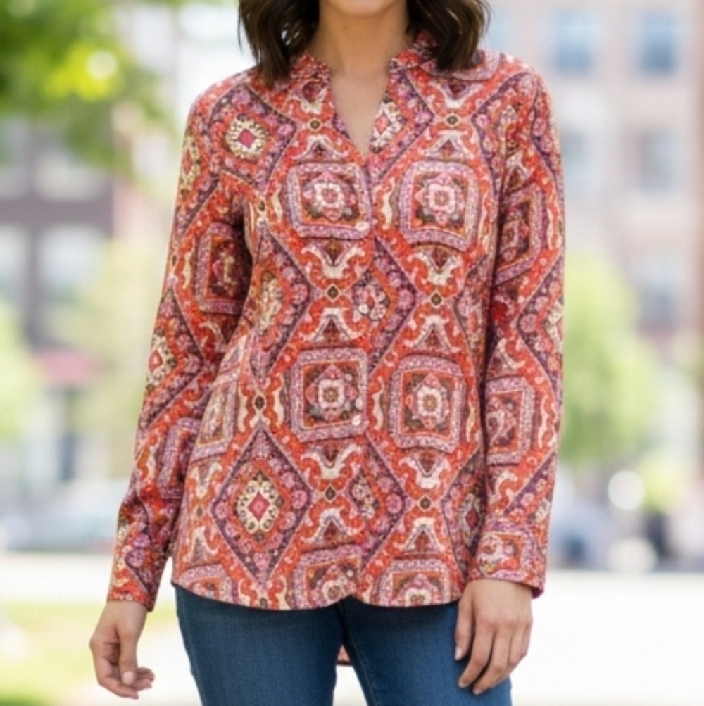 Laurie Felt Women's Colorful Pink Red Geometric Print Button-Up Top, Size XS